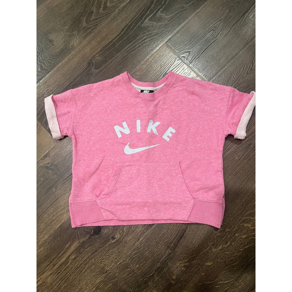 Nike Girls Pink Short Sleeve Sweatshirt Kangaroo Pocket Logo Pullover Large L